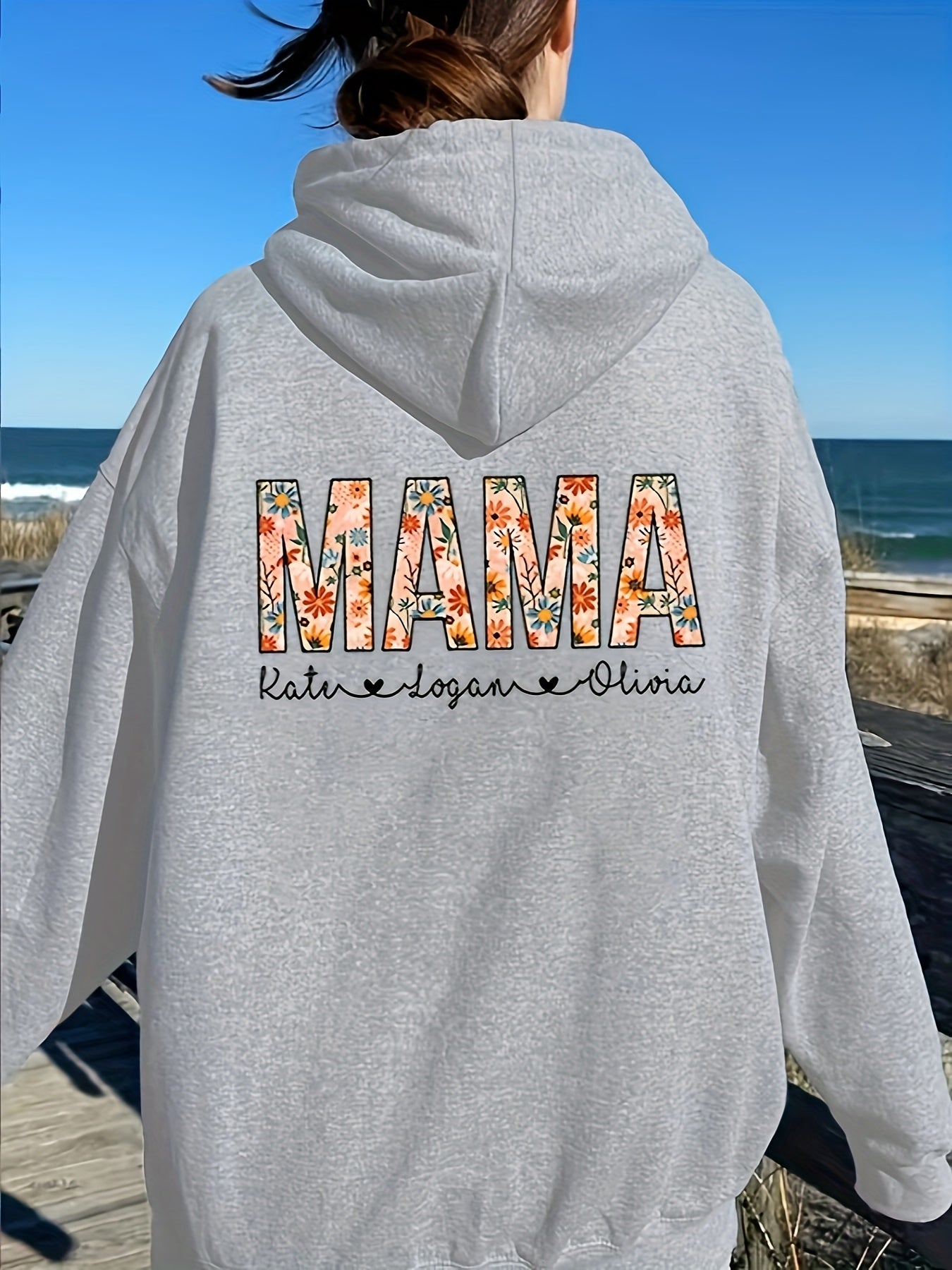 Flower & Letter Graphic Drawstring Sweatshirt