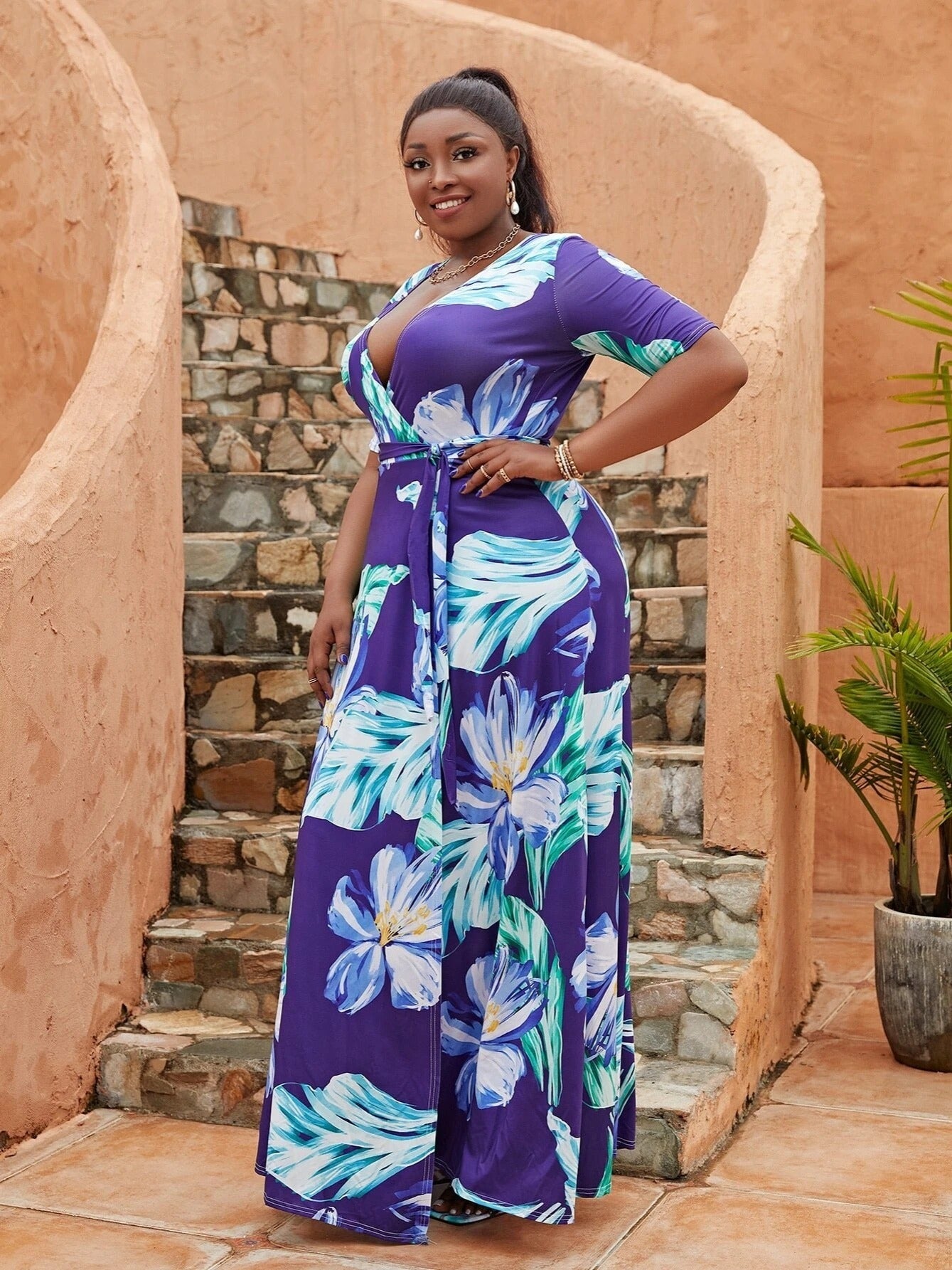 Floral Print V Neck Split Maxi Dress Plus Wrap Boho Stretch Long Dress
