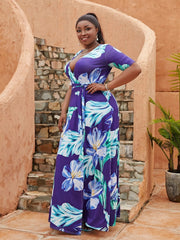 Floral Print V Neck Split Maxi Dress Plus Wrap Boho Stretch Long Dress