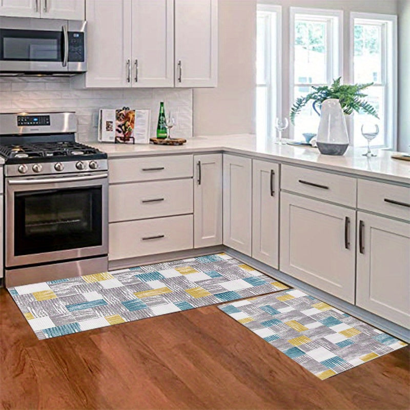 2pcs Boho Plaid Kitchen Rugs Absorbent Non Slip Stain Resistant