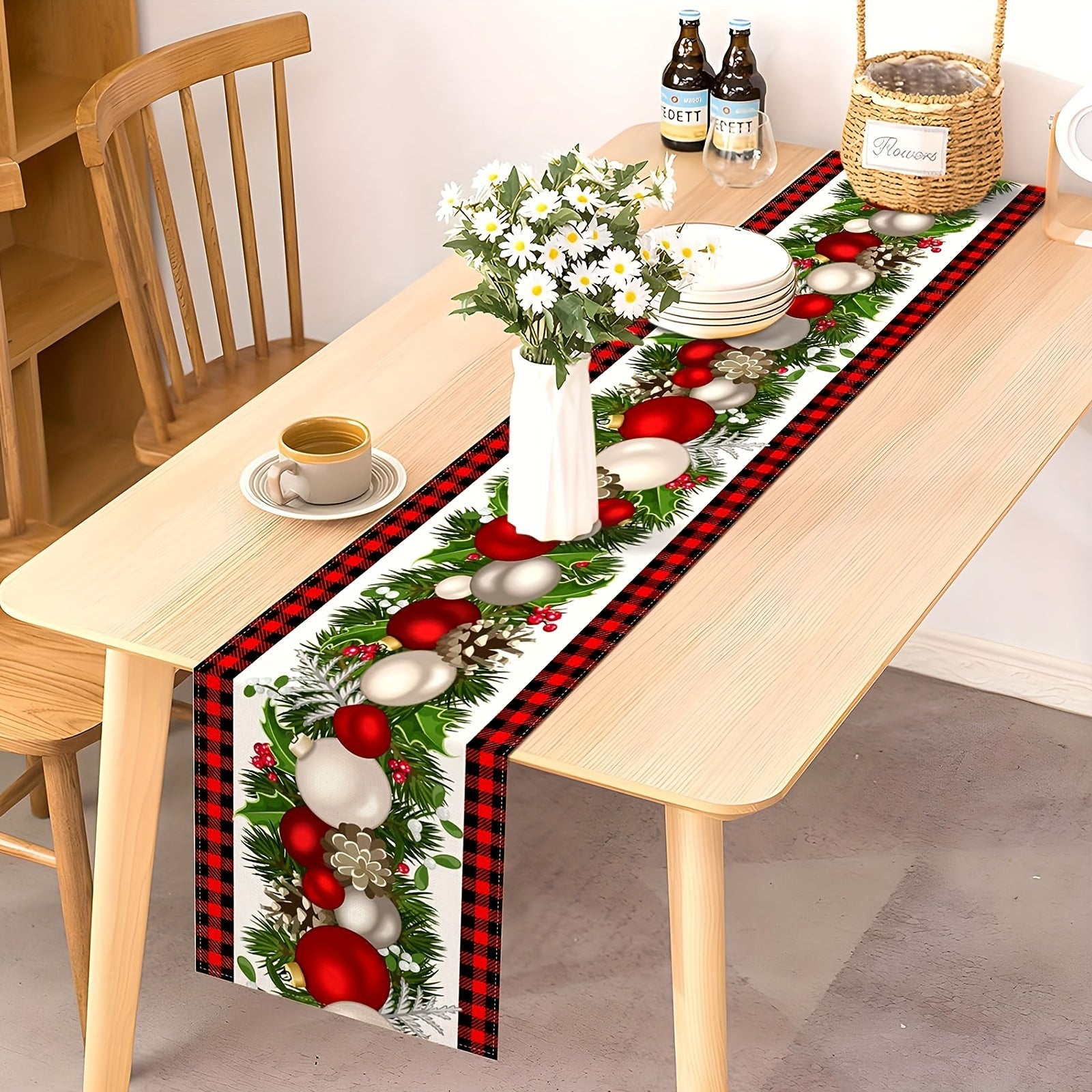 2pcs Christmas Table Decor Polyester Runner & Placemats Red Plaid Pattern Cover