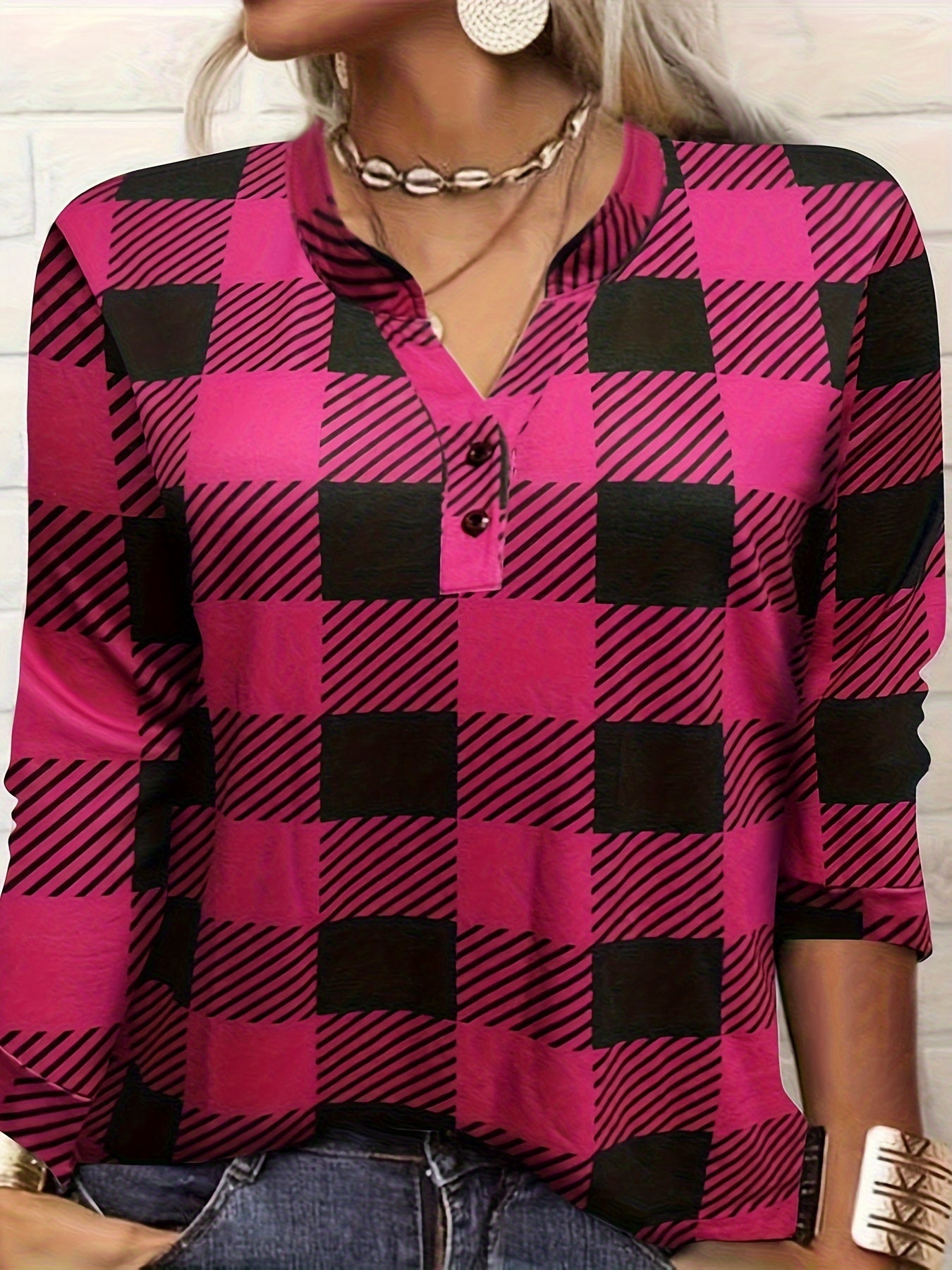 Gingham Print Button Long Sleeve Blouse