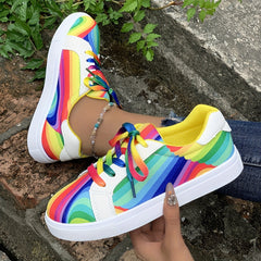 Women's Rainbow Print Lace Up Round Toe Flat Sneakers