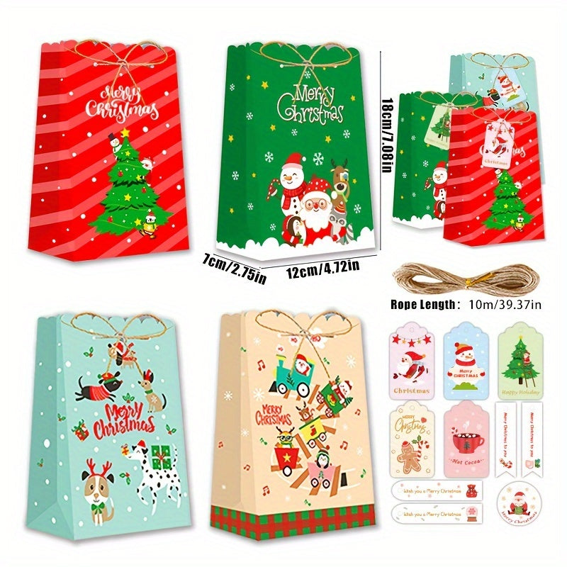 32pcs Christmas Paper Bags with Hanging Tag & Hemp Rope for Candy Packaging