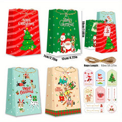 32pcs Christmas Paper Bags with Hanging Tag & Hemp Rope for Candy Packaging
