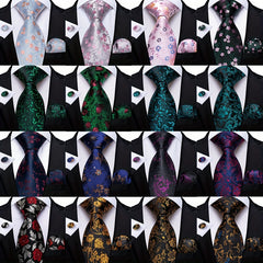 Retro Flowers Pattern Tie Set Classic Flower Necktie Hanky Cufflinks