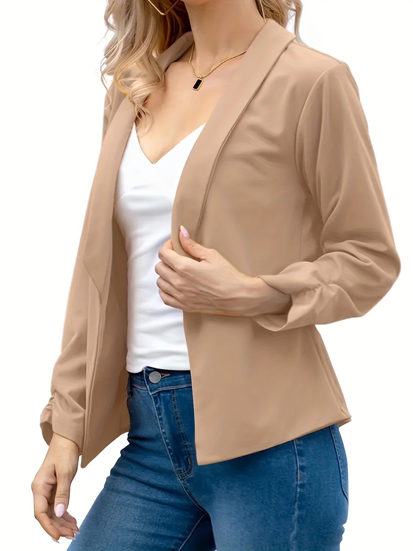 Solid Lapel Blazer Open Front Long Sleeve Work Office Outerwear