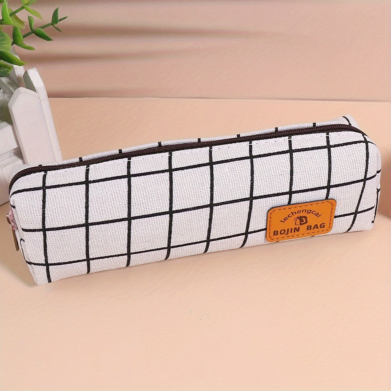 Checkerboard Plaid Canvas Pencil Case Daily Stationery Storage Portable Pen Bag
