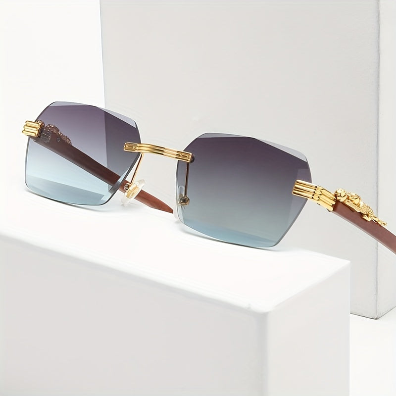 Square Rimless Sunglasses Metal Leopard Decor UV400