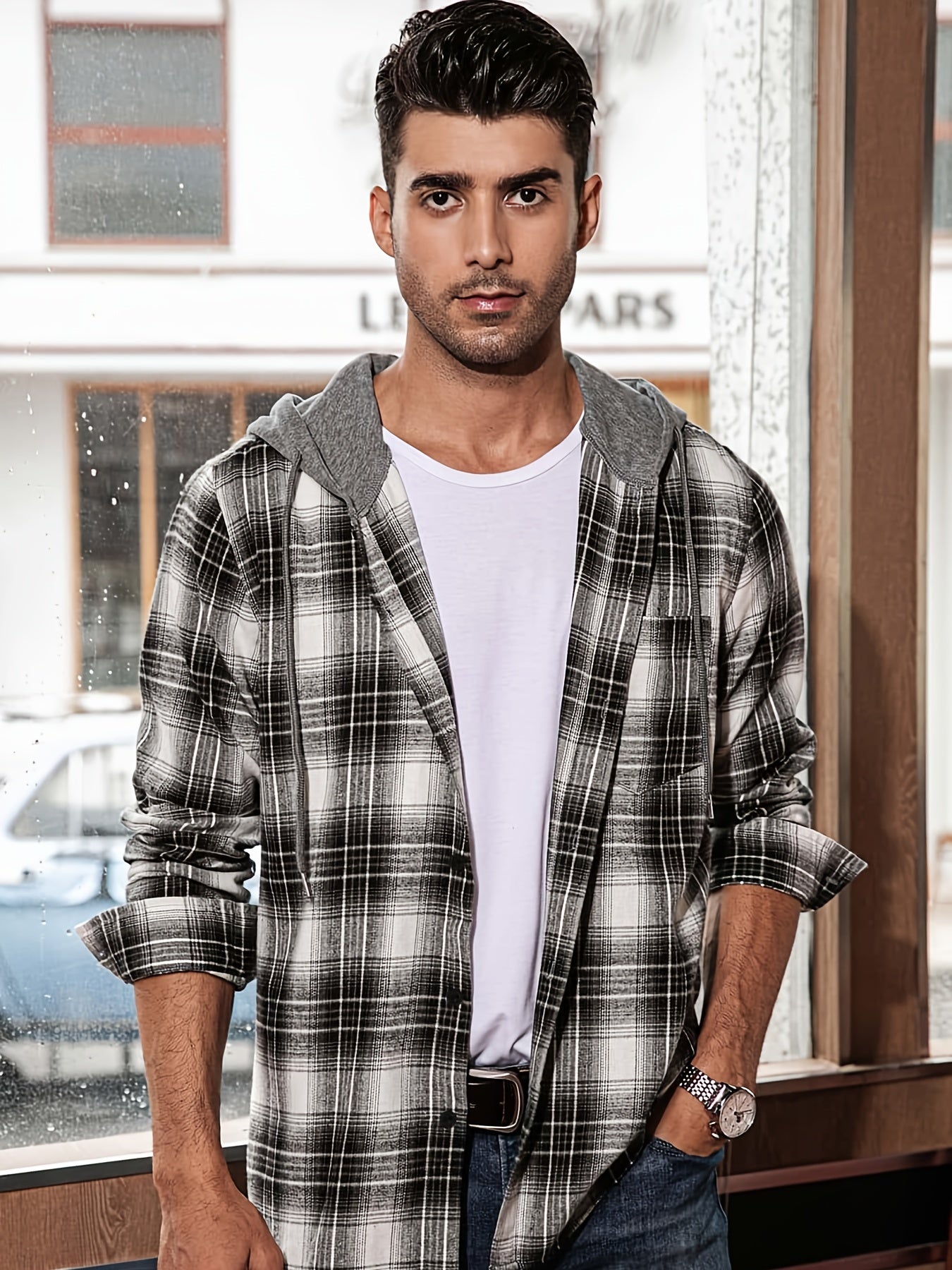 Plaid Print Men's Casual Button Up Long Sleeve Hooded Shirt