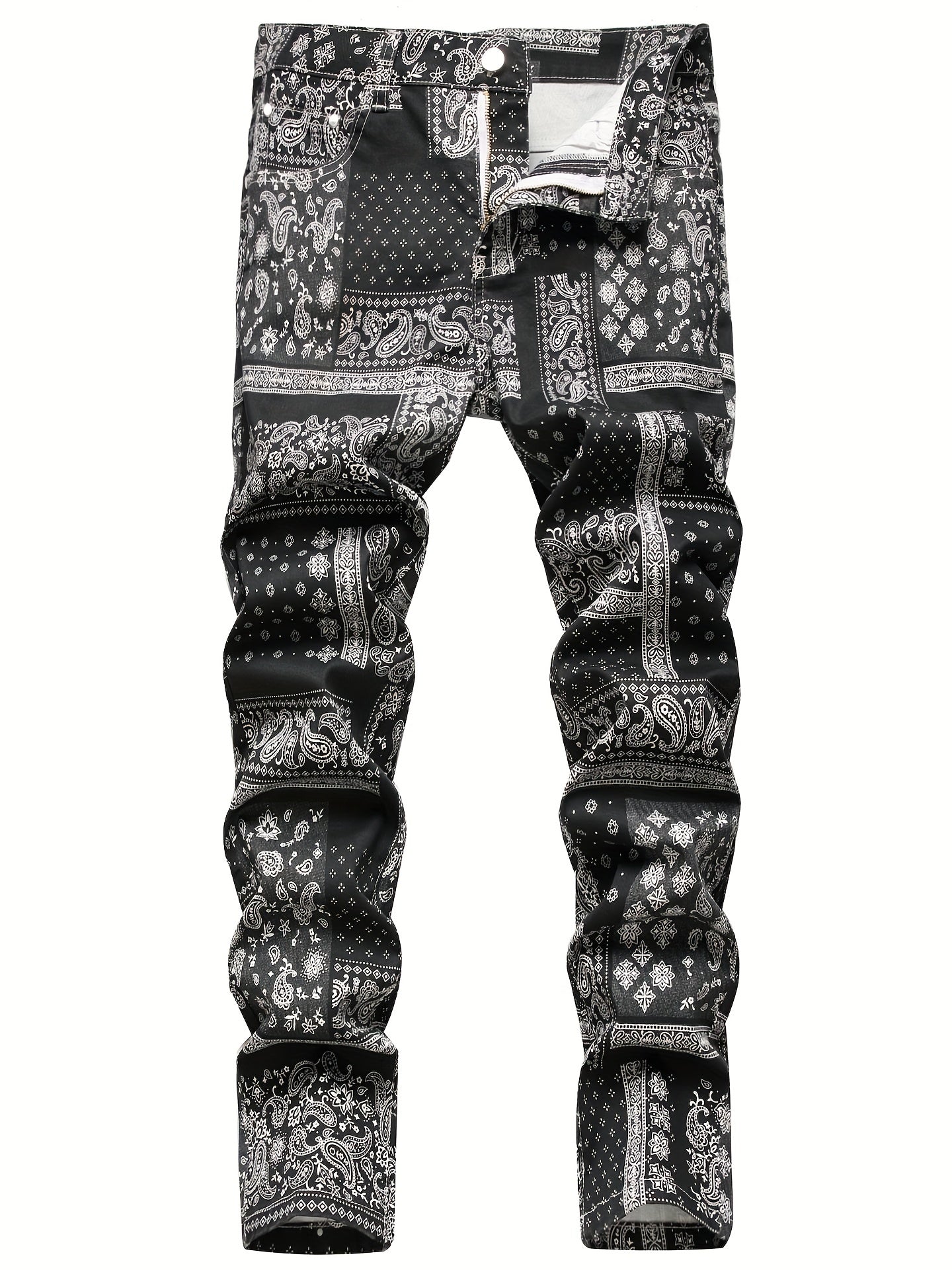 Paisley & Floral Pattern Slim Fit Jeans Men's Street Style Denim Pants