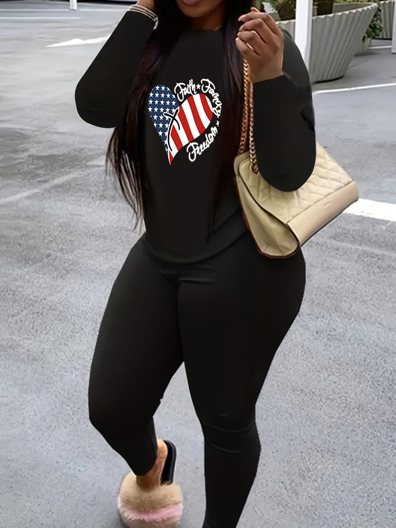 Women's Plus Flag Heart Print Top & Leggings Set