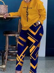 Faith Print Long Sleeve T shirt & Geo Print Skinny Pants Set