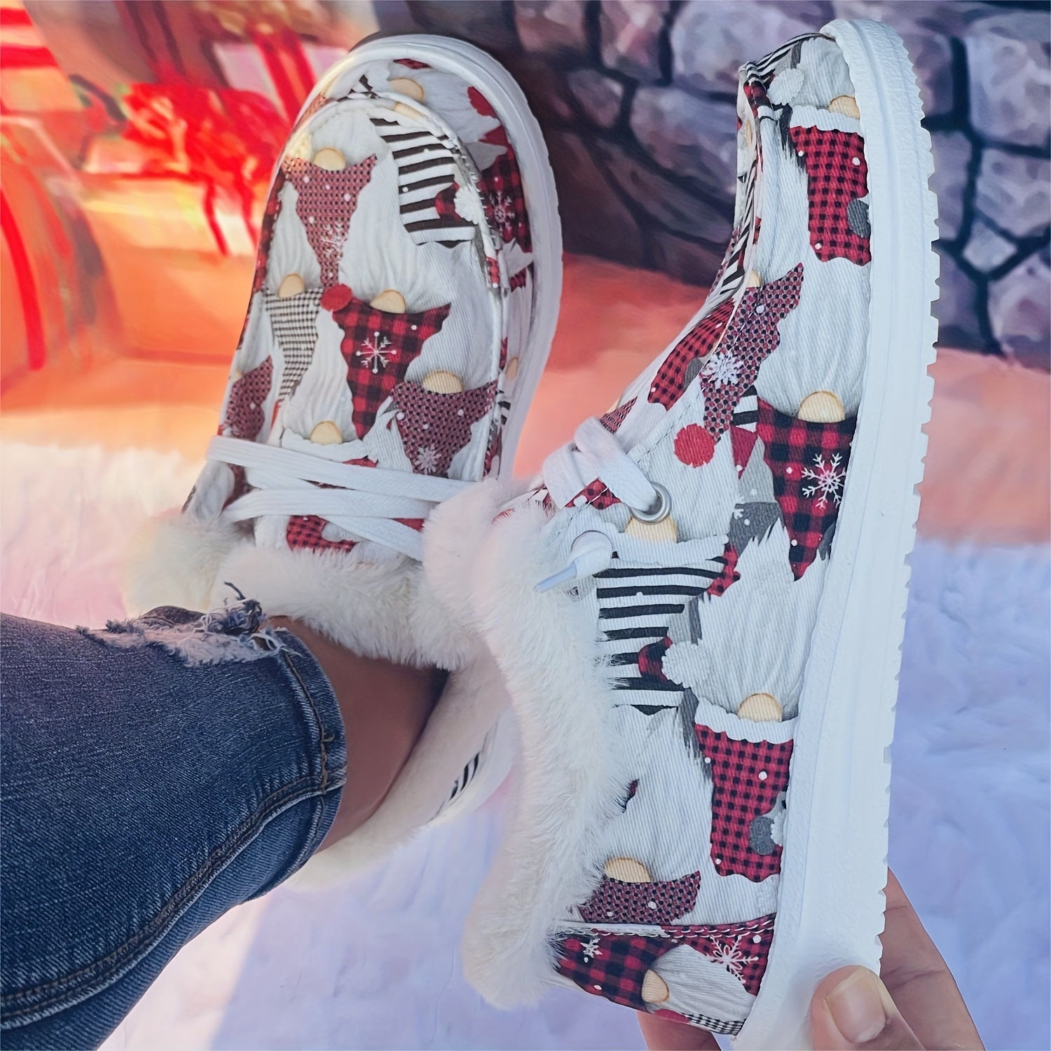 Christmas Elements Pattern Women's Snow Boots Flat Warm Winter Canvas Shoes