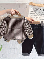 Boys Casual Outfit Long Sleeve T Shirt & Jeans Pants & Cardigan Coat