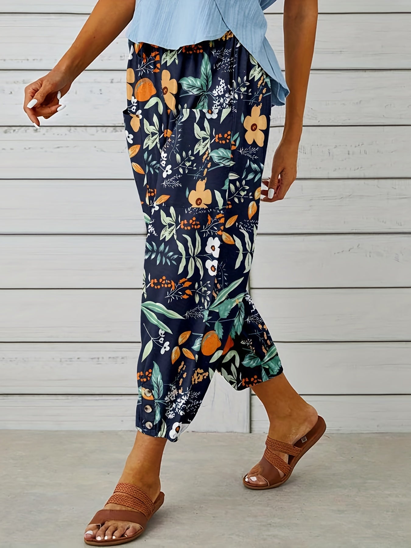 Floral Print Cropped Pants High Waist Loose Casual Pants