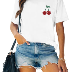 Cherry Print Short Sleeve T Shirt Crew Neck Summer Sports Tee for Women