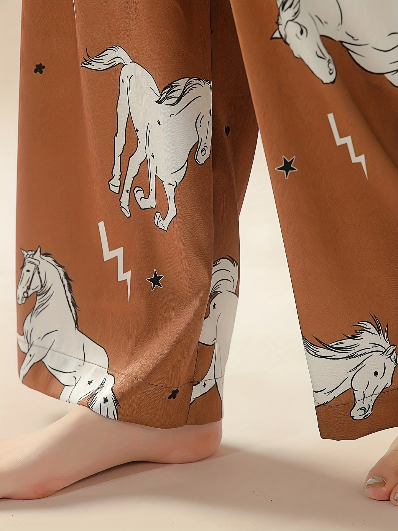 Horse Print Pajama Set Long Sleeve Top & Pants Women's Sleepwear