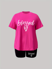 Women's Plus Heart & Letter Print Stretchy Tee & Shorts Set