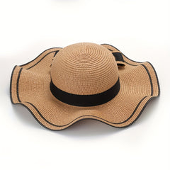 Ruffles Bow Sun Hat French Straw Beach Hat Travel Sunscreen Bucket Hats