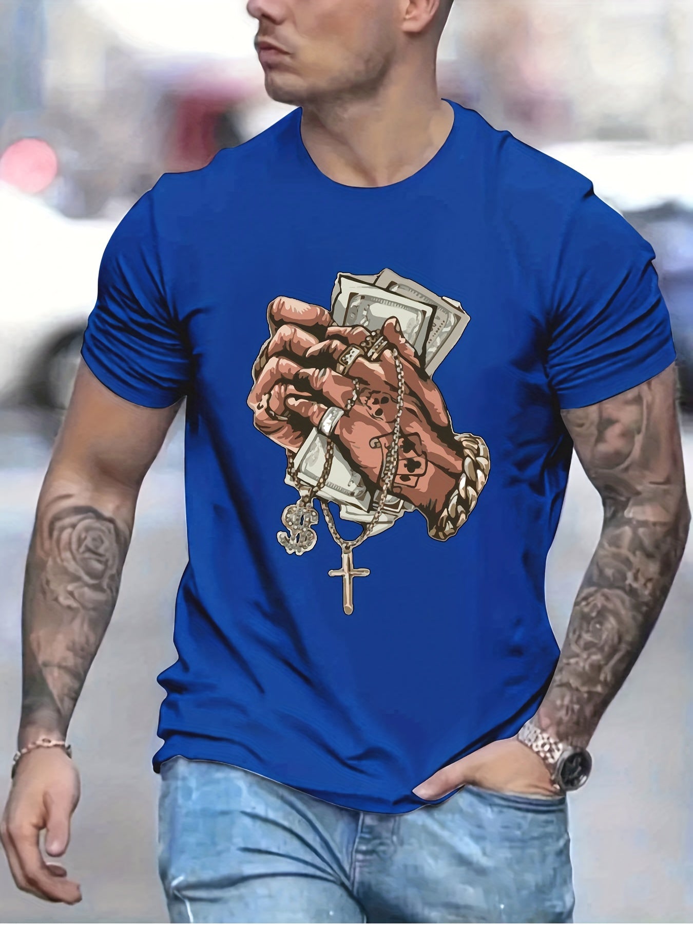Money Print Men's T shirt, Round Neck Short Sleeve Tops