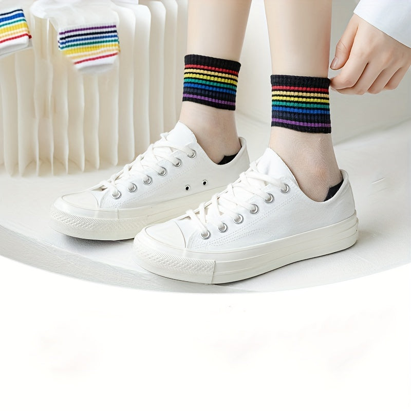 6 Pairs Rainbow Striped Crew Socks for Women