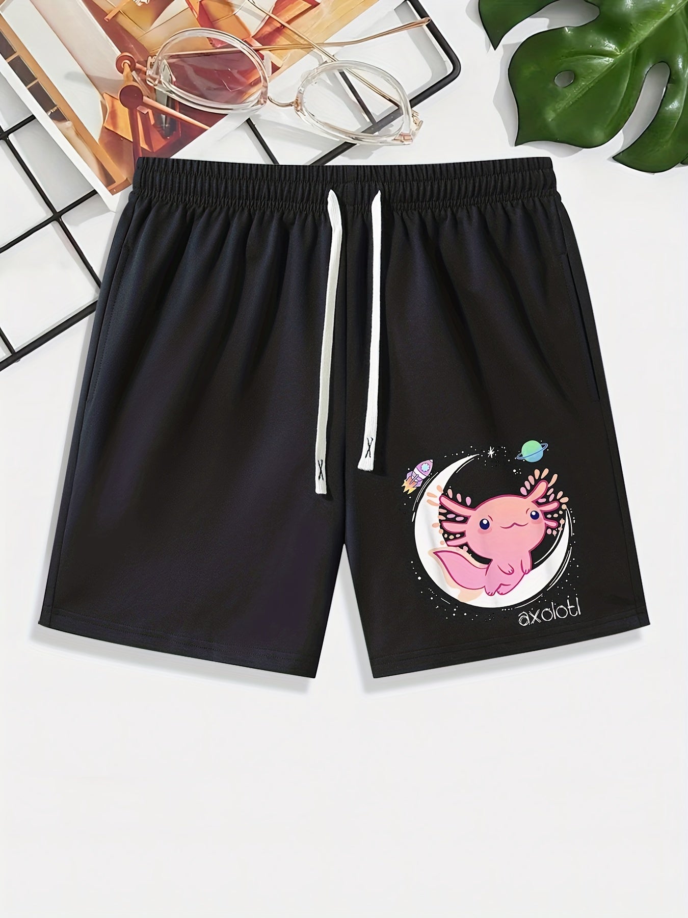 Axolotl Moon Rocket Pattern Comfy Men's Casual Elastic Waist Shorts