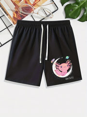 Axolotl Moon Rocket Pattern Comfy Men's Casual Elastic Waist Shorts