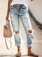 Loose Fit Straight Jeans Ripped Holes Distressed Denim Pants