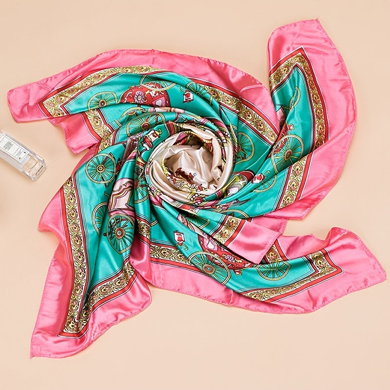 Vintage Satin Scarf Carriage Print Shawl Sunscreen Head Wrap