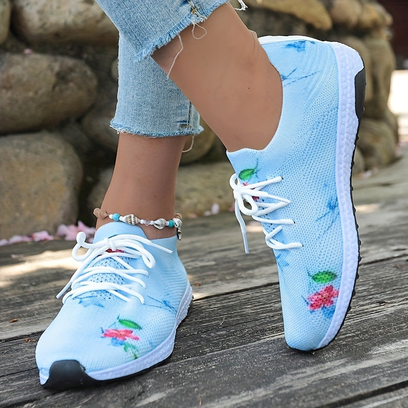 Women's Floral Print Knit Sports Shoes Lace Up Low Top Sneakers