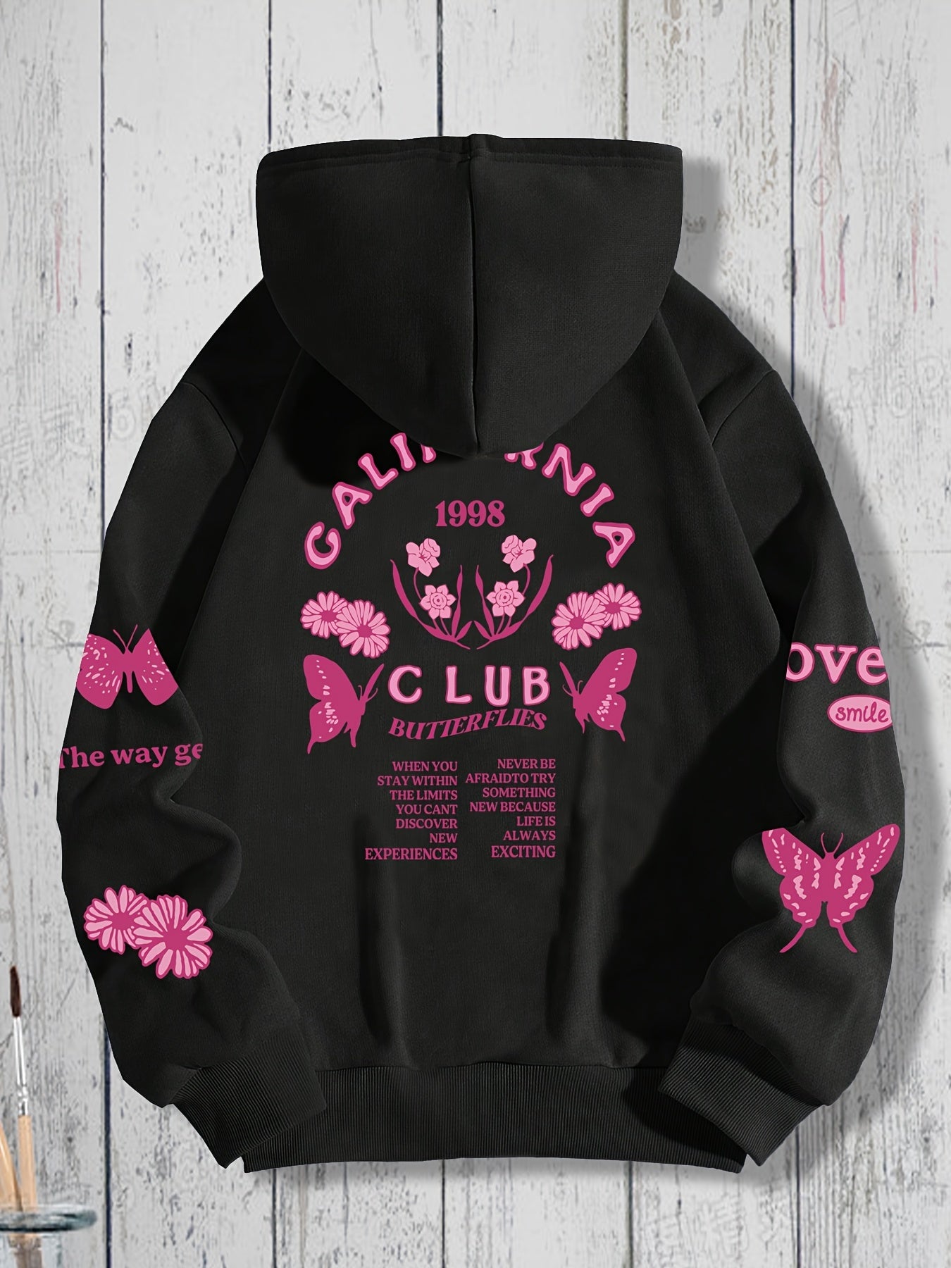 Butterfly & Flower Print Kangaroo Pocket Hoodie Women's Sweatshirt