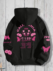 Butterfly & Flower Print Kangaroo Pocket Hoodie Women's Sweatshirt