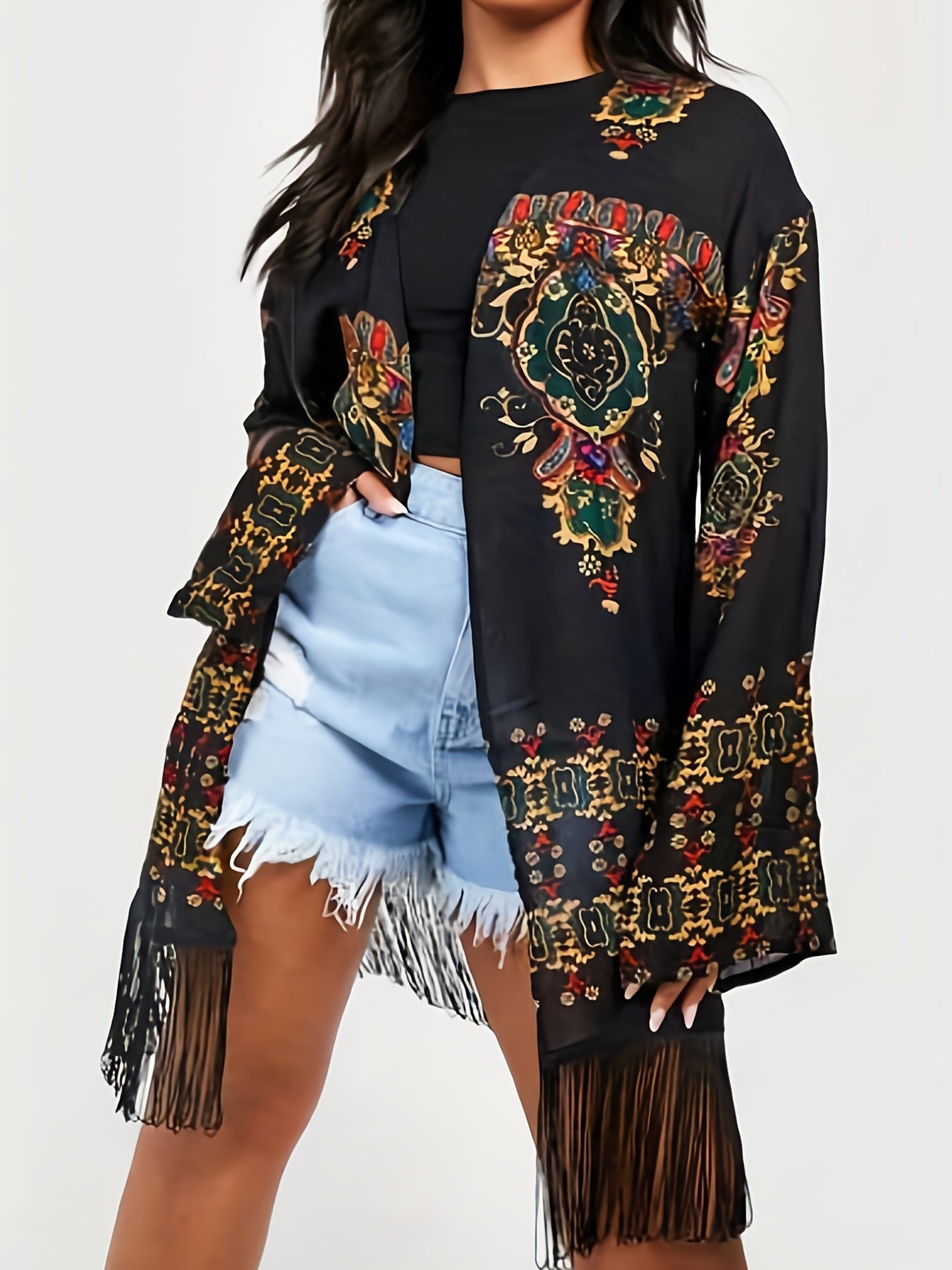 Boho Floral Print Fringe Trim Cardigan