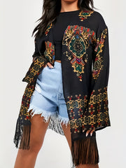 Boho Floral Print Fringe Trim Cardigan