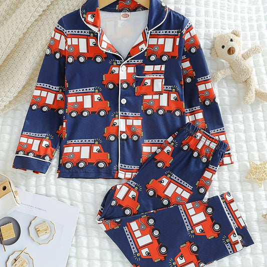 Boys Fire Truck Print Pajama Set Long Sleeve Button Front Loungewear