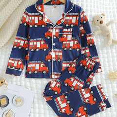 Boys Fire Truck Print Pajama Set Long Sleeve Button Front Loungewear