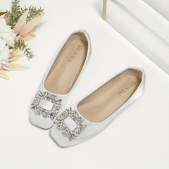 Women's Satin Ballet Flats Rhinestone Slip On Wedding Dress Flats