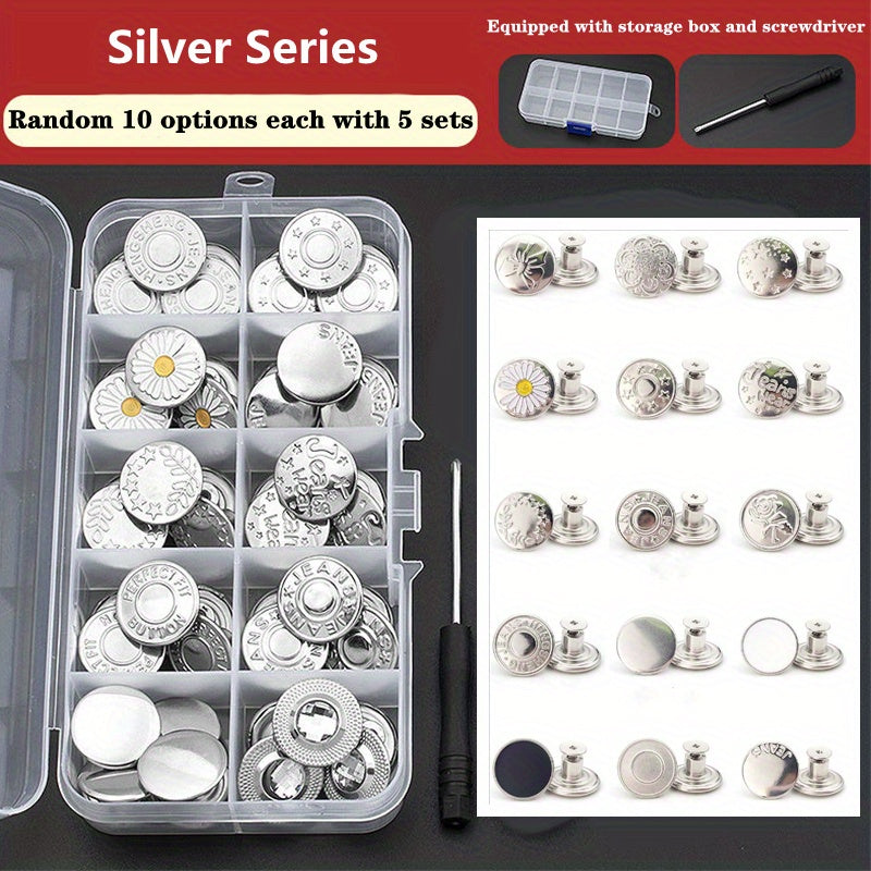 50 Sets Metal Screw Jeans Buttons Kit DIY Fastener Tack