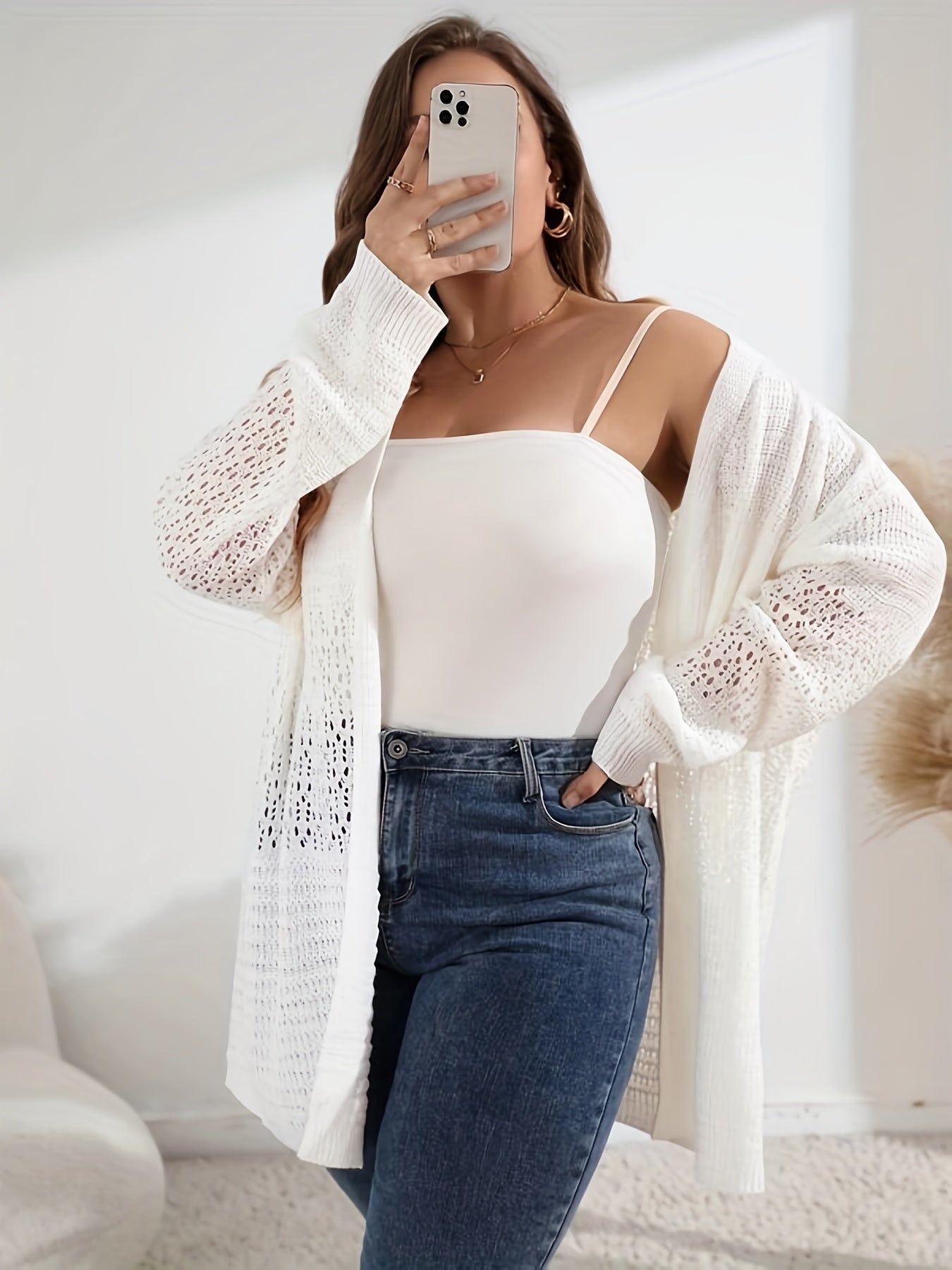 Women's Plain Pointelle Long Sleeve Open Front Knit Cardigan