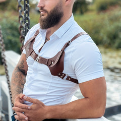 Men's Punk Knight Brown PU Leather Suspenders Suit Shirt Suspenders
