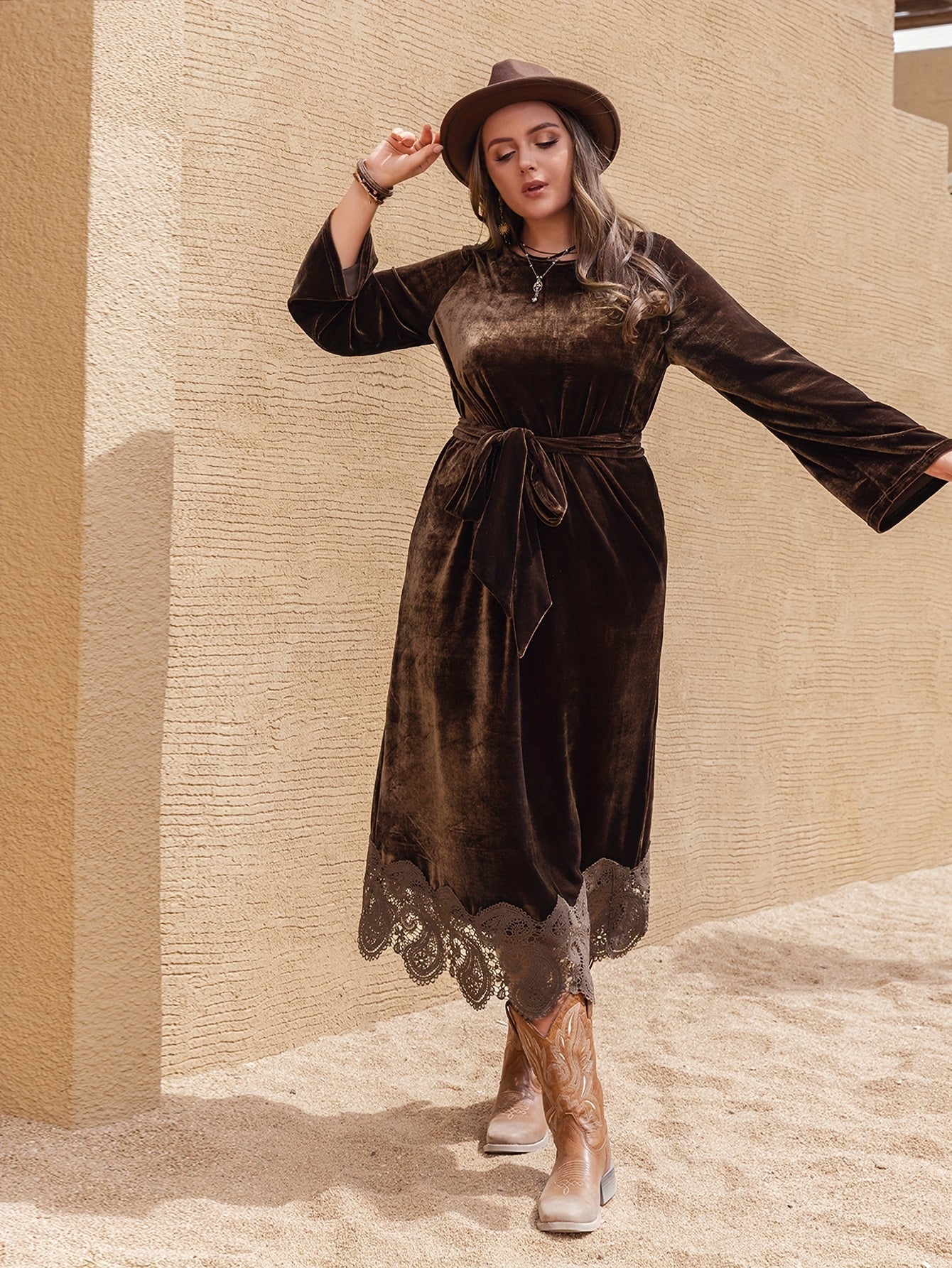 Velvet Lace Sleeve Round Neck Dress With Belt
