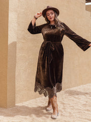 Velvet Lace Sleeve Round Neck Dress With Belt