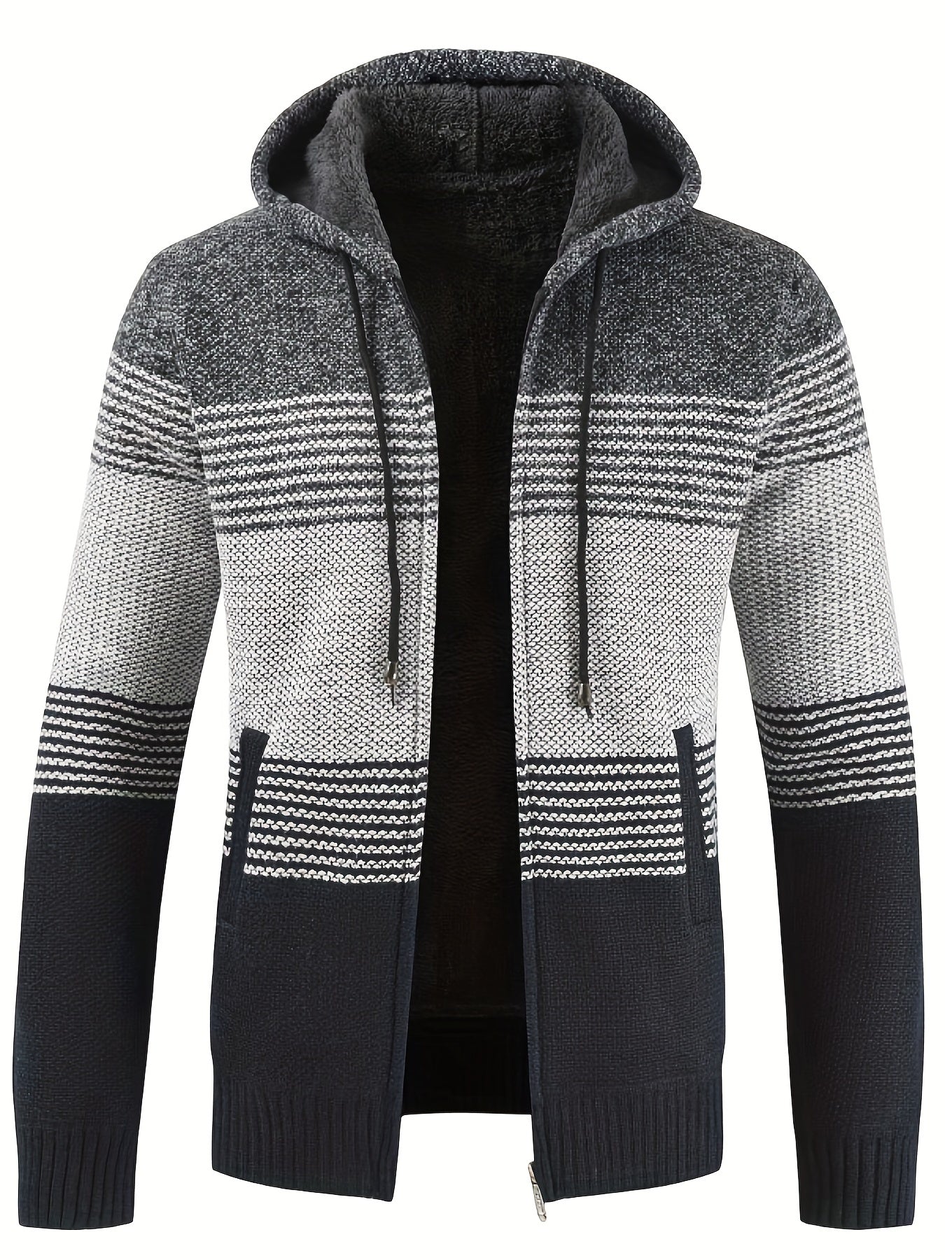 Knitted Stripes Fleece Hooded Cardigan Men's Zip Up Coat