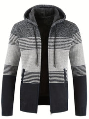 Knitted Stripes Fleece Hooded Cardigan Men's Zip Up Coat