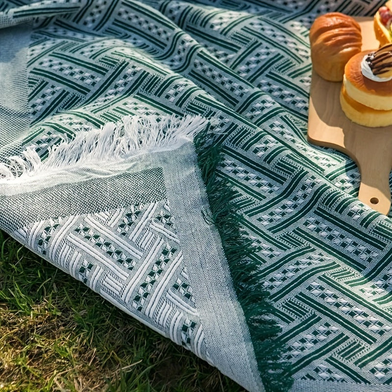 Retro Style Picnic Mat w/ Tassels, Foldable & Portable Lawn Mat