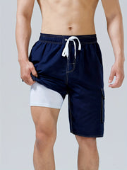 Men s Double Layer Shorts with Pocket Drawstring Waist Elastic