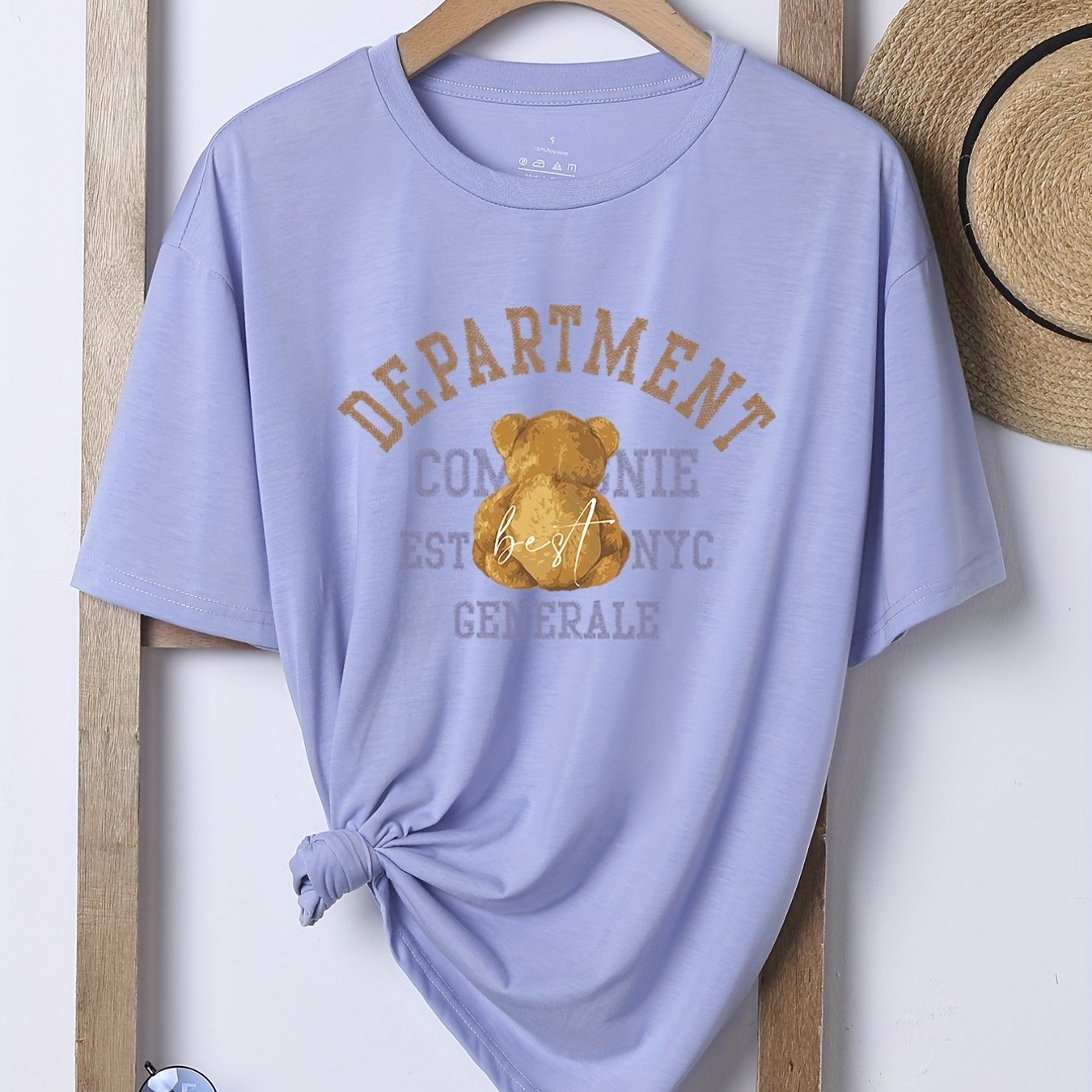 Bear & Letter Print Casual T shirts Crew Neck Short Sleeve Graphic Tee