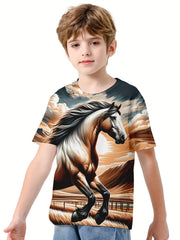 Running Horse 3D Print Boy's Casual Tees Short Sleeve Crew Neck