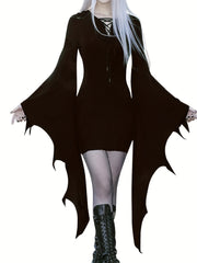 Solid Halloween Costume Dress Gothic Drawstring Bodycon Performance Dress